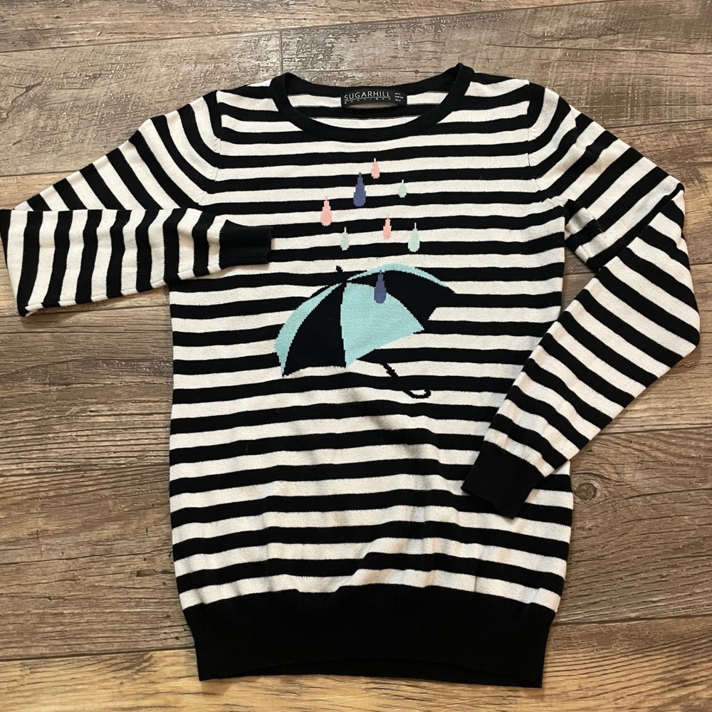 Sugarhill Boutique Striped Umbrella Sweater Black White Raindrops US 0 UK S